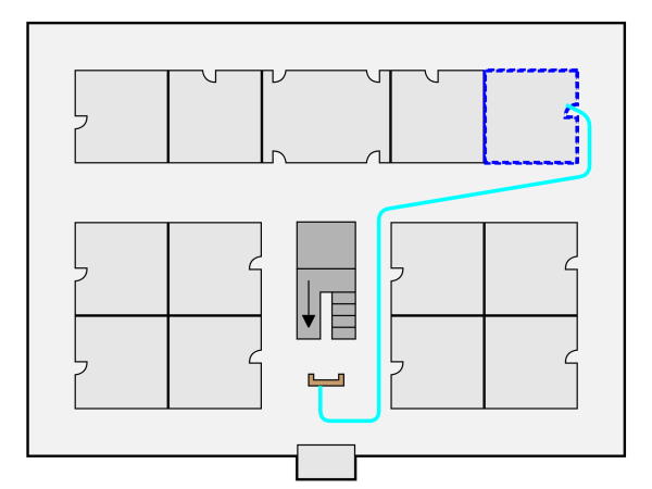 An example rendering of a wayfinding from one room to another. Example taken from the UC Davis Wayfinding GitHub page.
