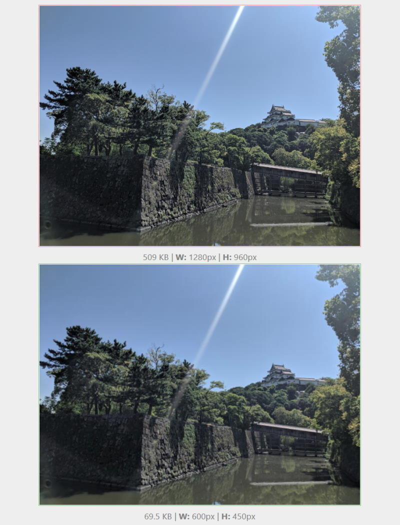 An example of reducing the size of the image of Wakayama Castle on the Travel tab. 509 KB at 1280px width was reduced to 69.5 KB at 600px width with little difference in visual quality.